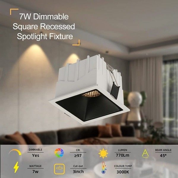 Square Black Recessed Spotlights 7W 3 Inch 3000k Linear Cob Type For Living Room